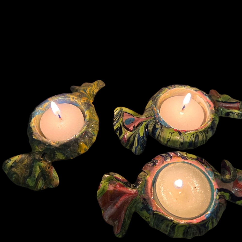 3 colorful handpainted bow tea light candle holders